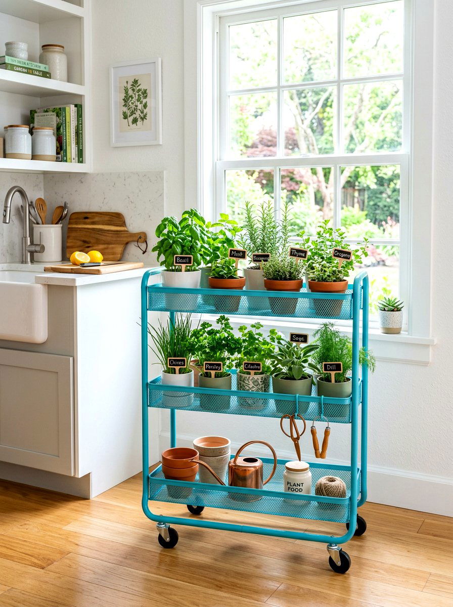 Rolling Cart Herb Garden - 30 container herb garden ideas