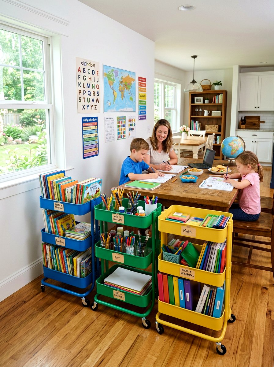 Rolling Cart Homeschool Station - 30 home schoolroom ideas