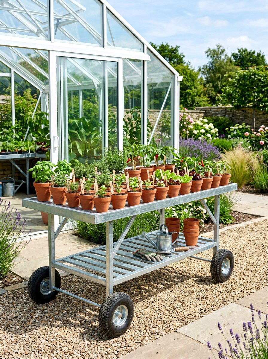 Rolling Greenhouse Bench - 30 greenhouse propagation bench ideas