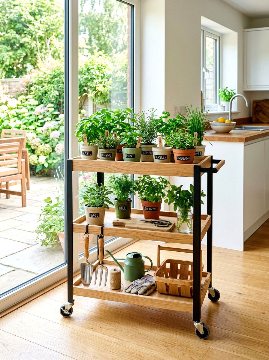 Rolling Kitchen Herb Cart - 30 herb container garden ideas