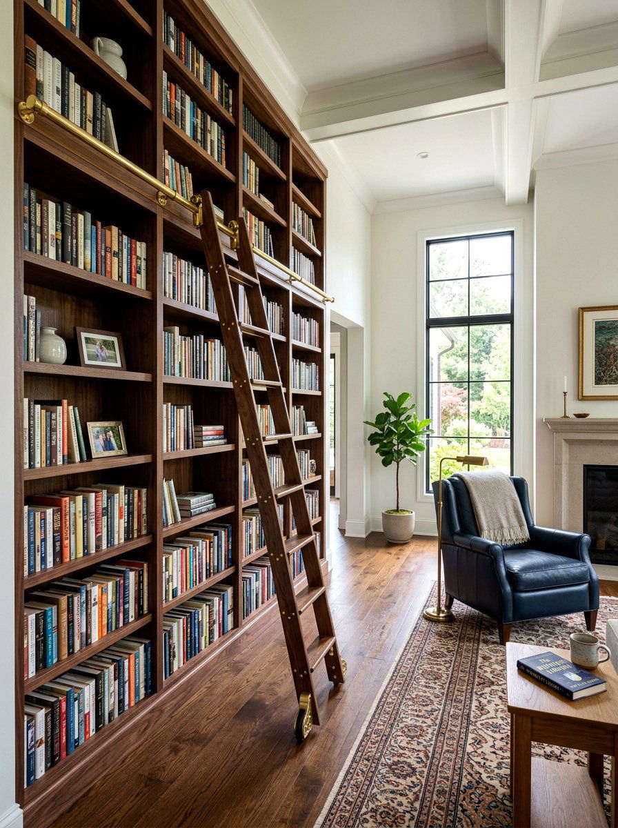 Rolling Library Ladder - 30 library style living room ideas