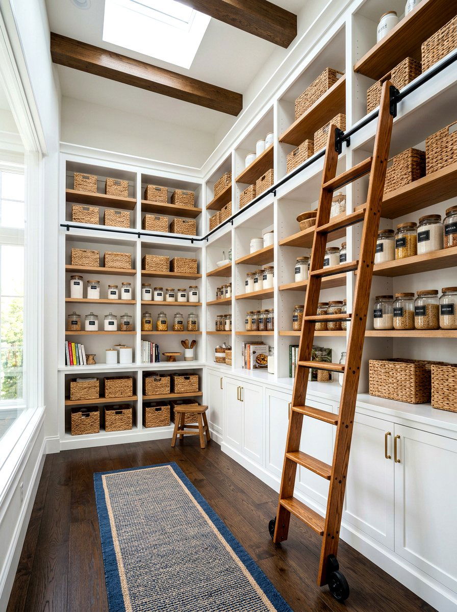 Rolling Library Ladder Pantry - 30 farmhouse pantry ideas