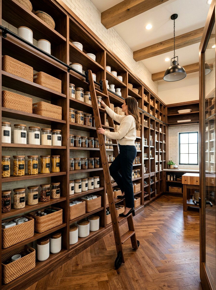 Rolling Pantry Ladder - 30 bakery style pantry ideas