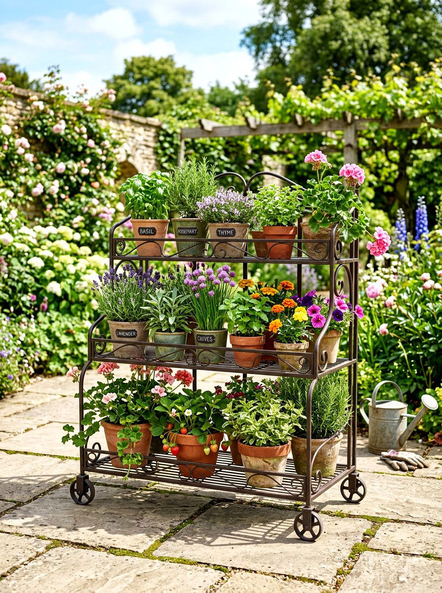 Rolling Tiered Plant Cart - 30 tiered planter ideas
