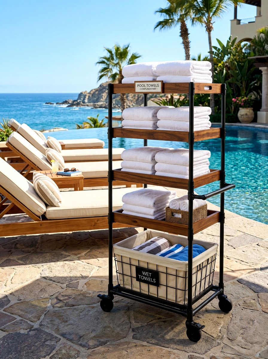Rolling Towel Cart - 30 outdoor towel storage ideas