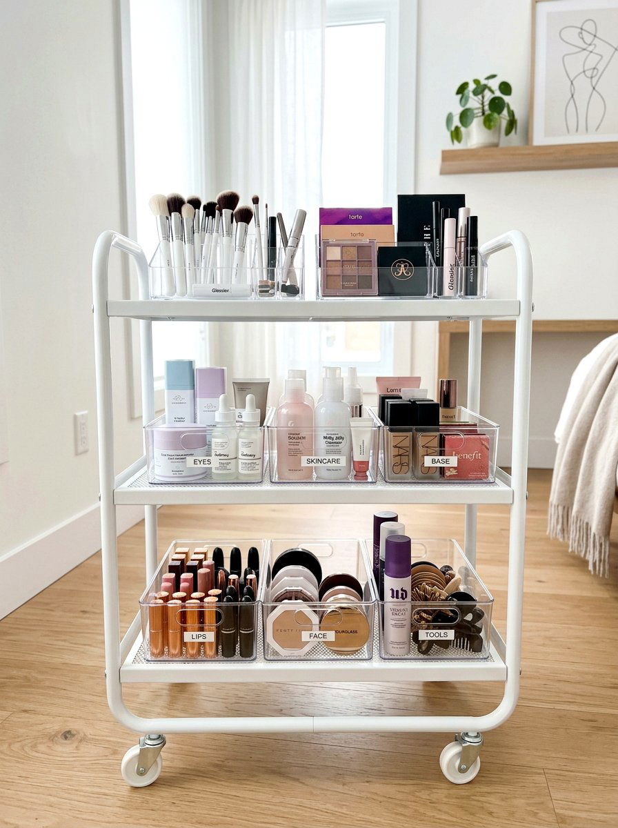 Rolling White Utility Cart With Acrylic Bins - 30 beauty cart organization ideas