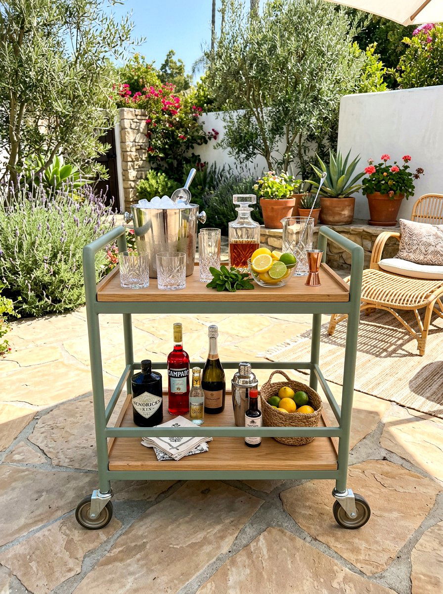 Rolling bar cart - 30 drink station patio ideas