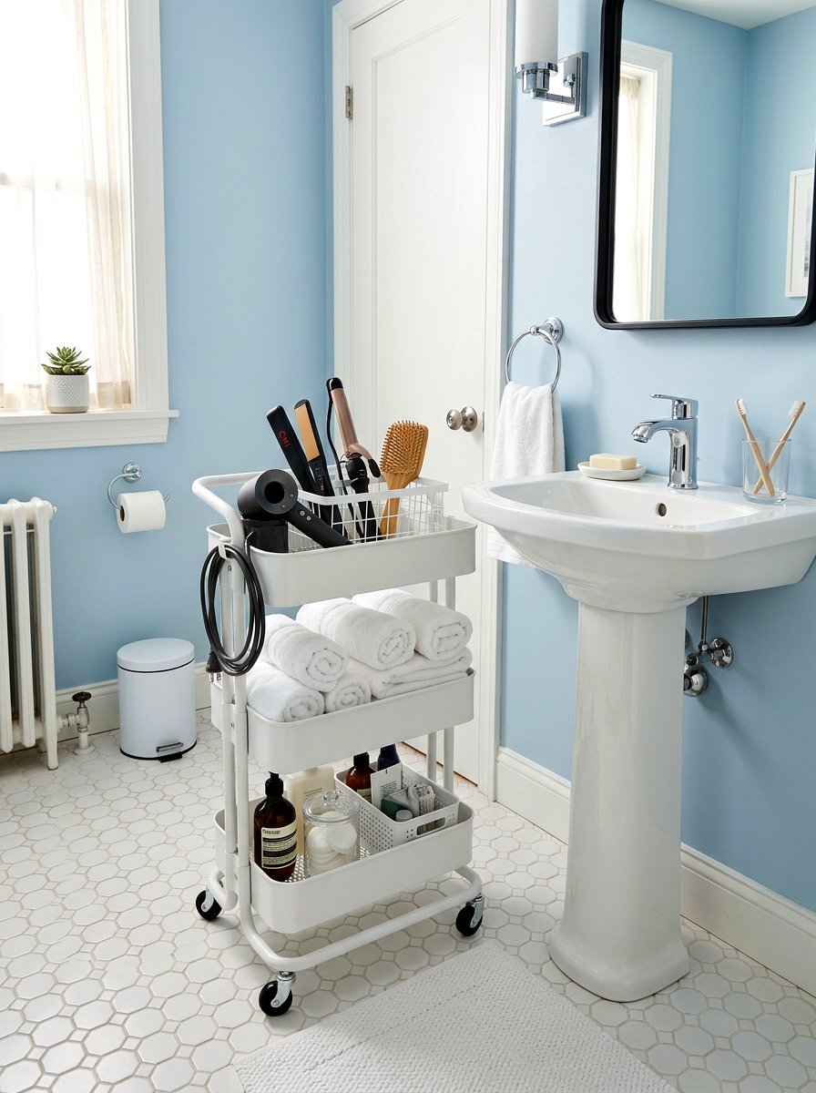 Rolling bathroom utility cart - 30 renter safe bathroom shelf ideas