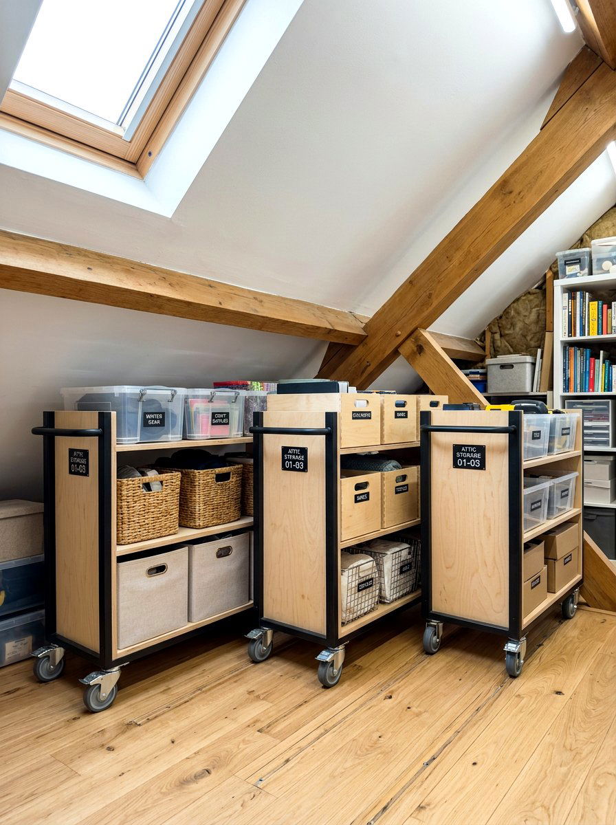 Rolling eaves storage carts - 30 attic bedroom storage ideas