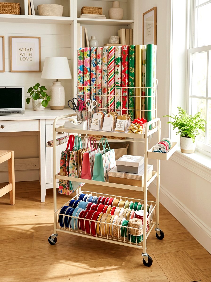 Rolling gift wrap cart - 30 wrapping paper storage ideas