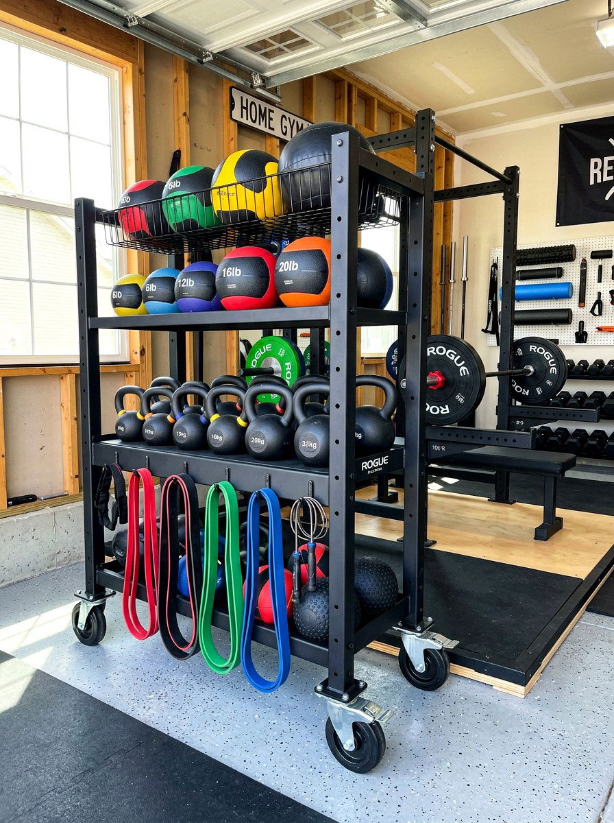 Rolling gym storage cart - 30 garage gym ideas