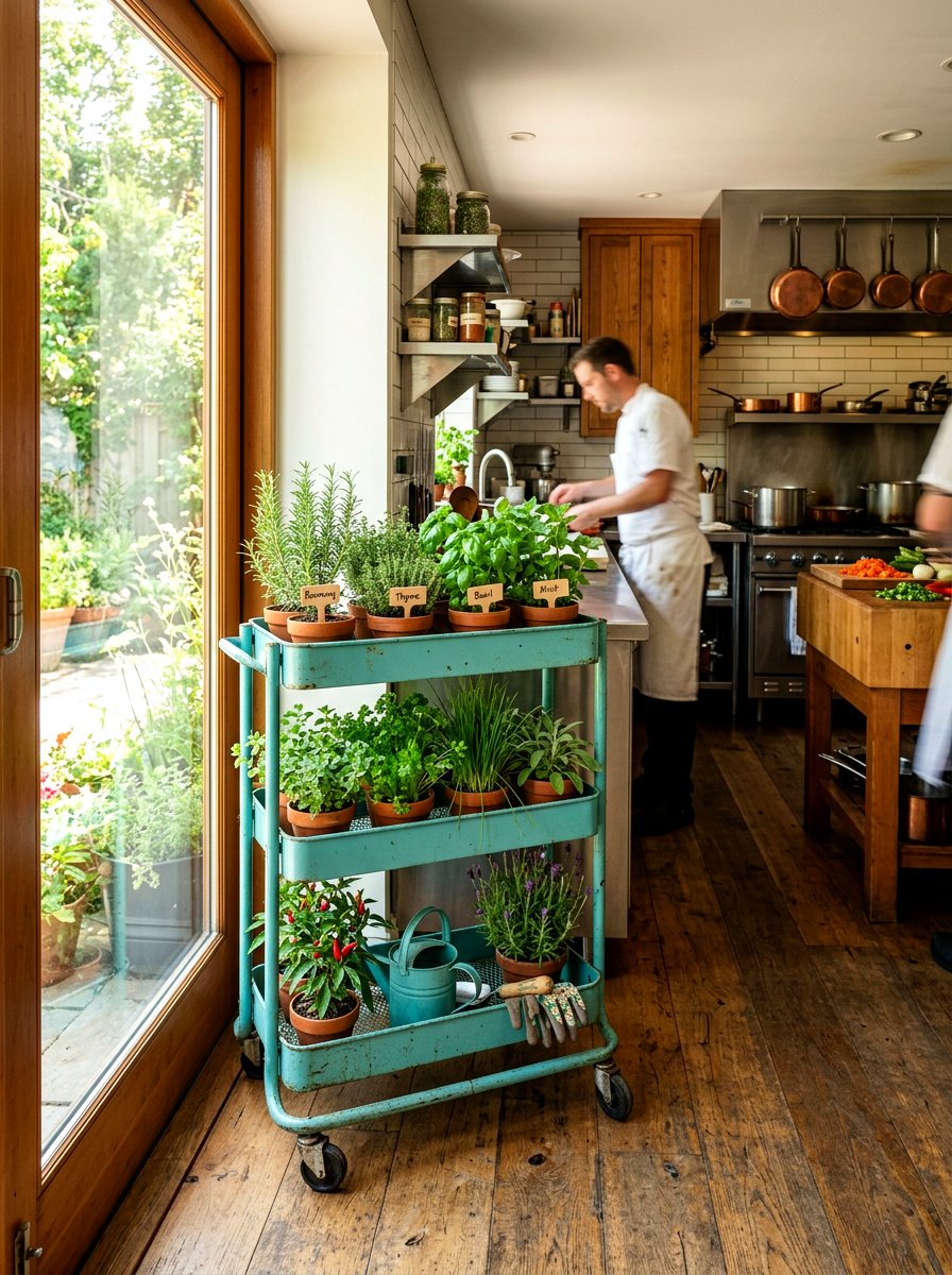 Rolling herb garden cart - 30 kitchen herb garden ideas