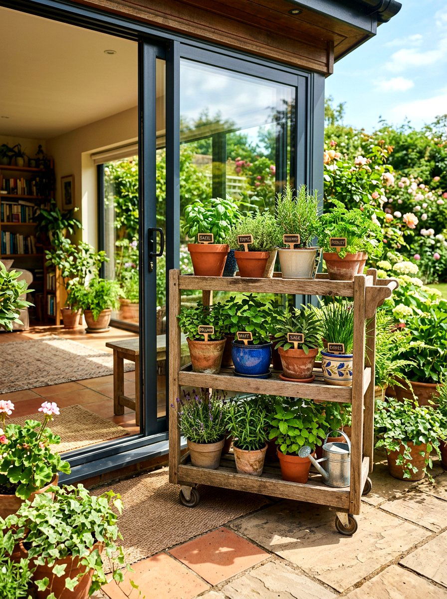 Rolling herb garden cart - 30 herb garden planter ideas