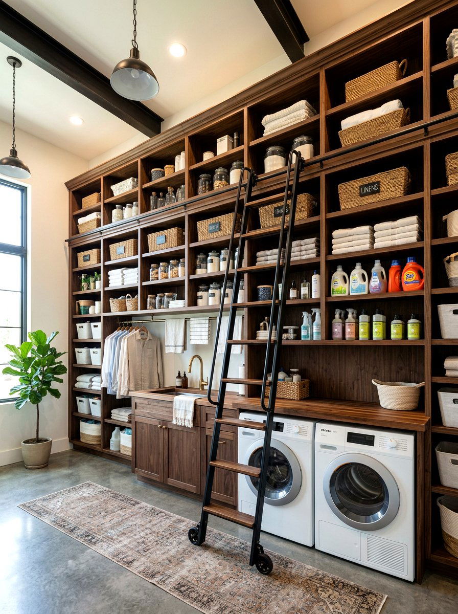 Rolling ladder laundry pantry - 30 laundry room pantry combo ideas