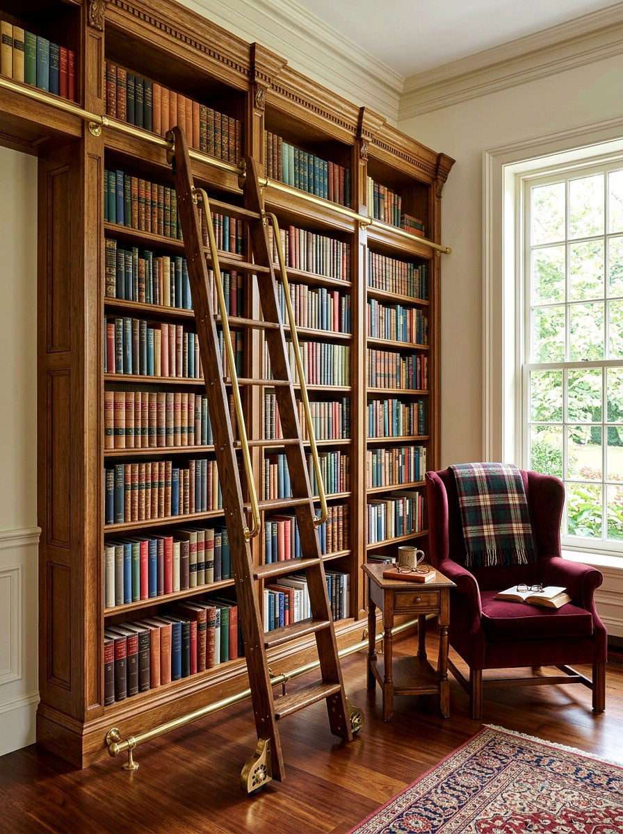 Rolling library ladder - 30 library wall ideas