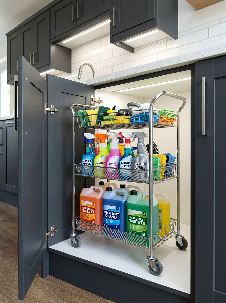 Rolling metal cart for deep cabinets - 30 organizing under sink storage ideas