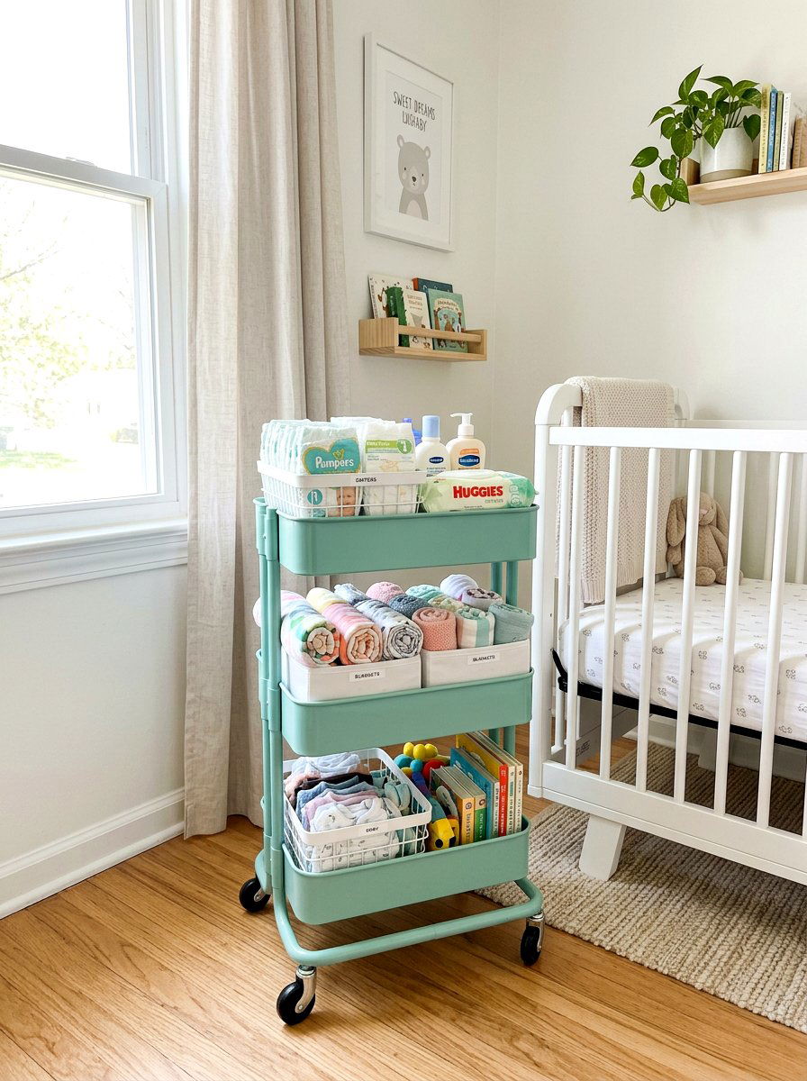 Rolling nursery storage cart - 30 nursery corner ideas