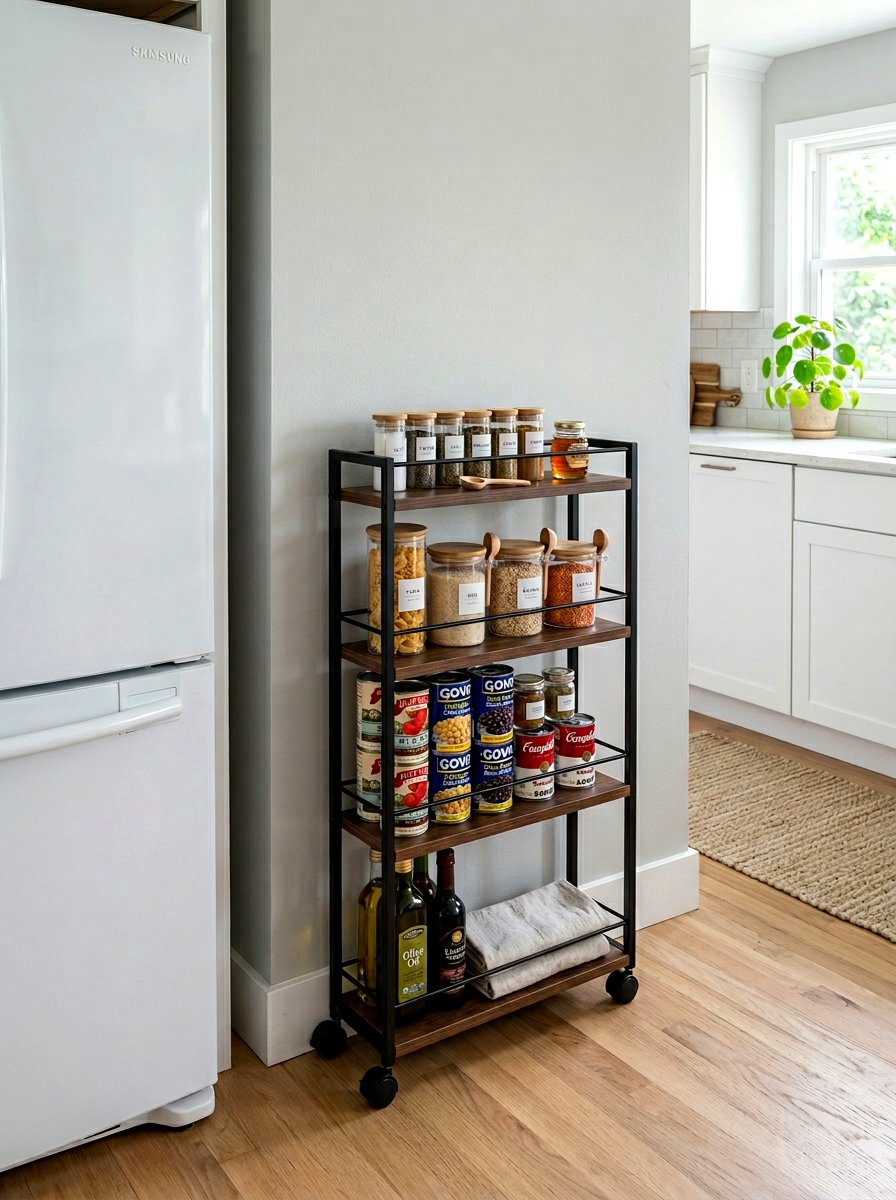 Rolling slim kitchen cart - 30 apartment kitchen storage ideas
