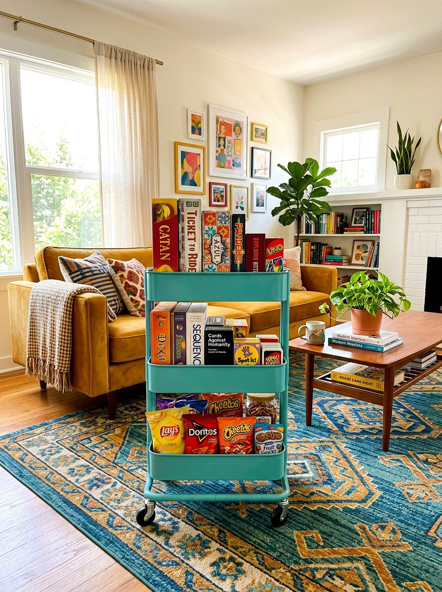 Rolling storage cart - 30 family friendly living room storage ideas