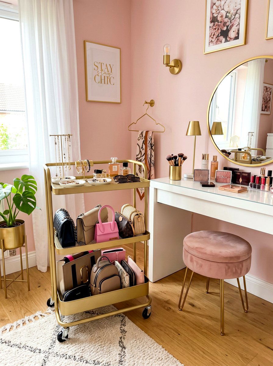 Rolling storage cart - 30 handbag storage ideas