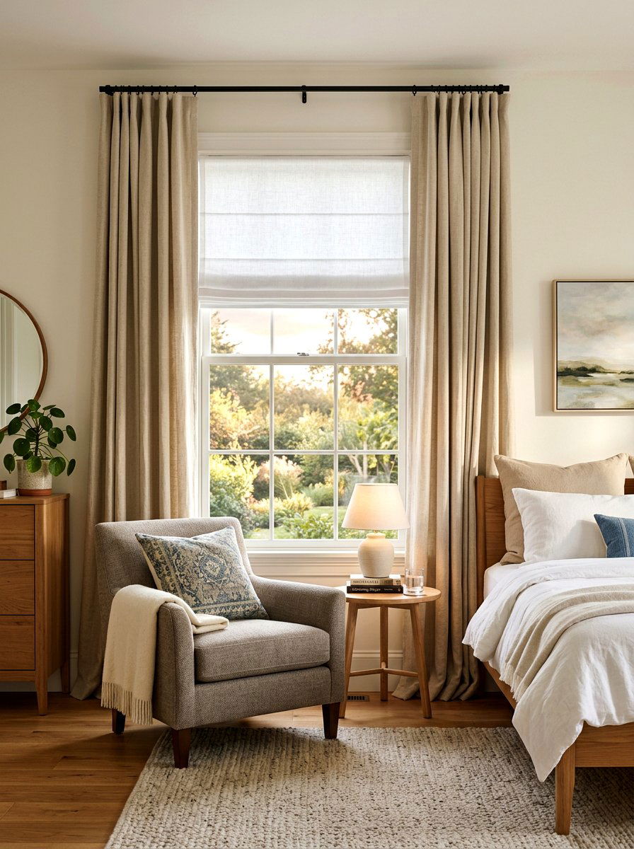 Roman shade with floor length drapes - 30 bedroom curtain layering ideas