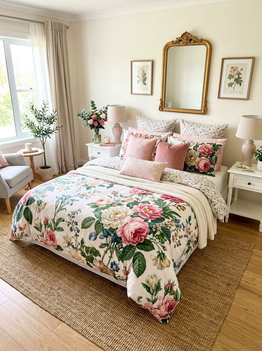 Romantic Floral Bedding - 30 layered bed styling ideas