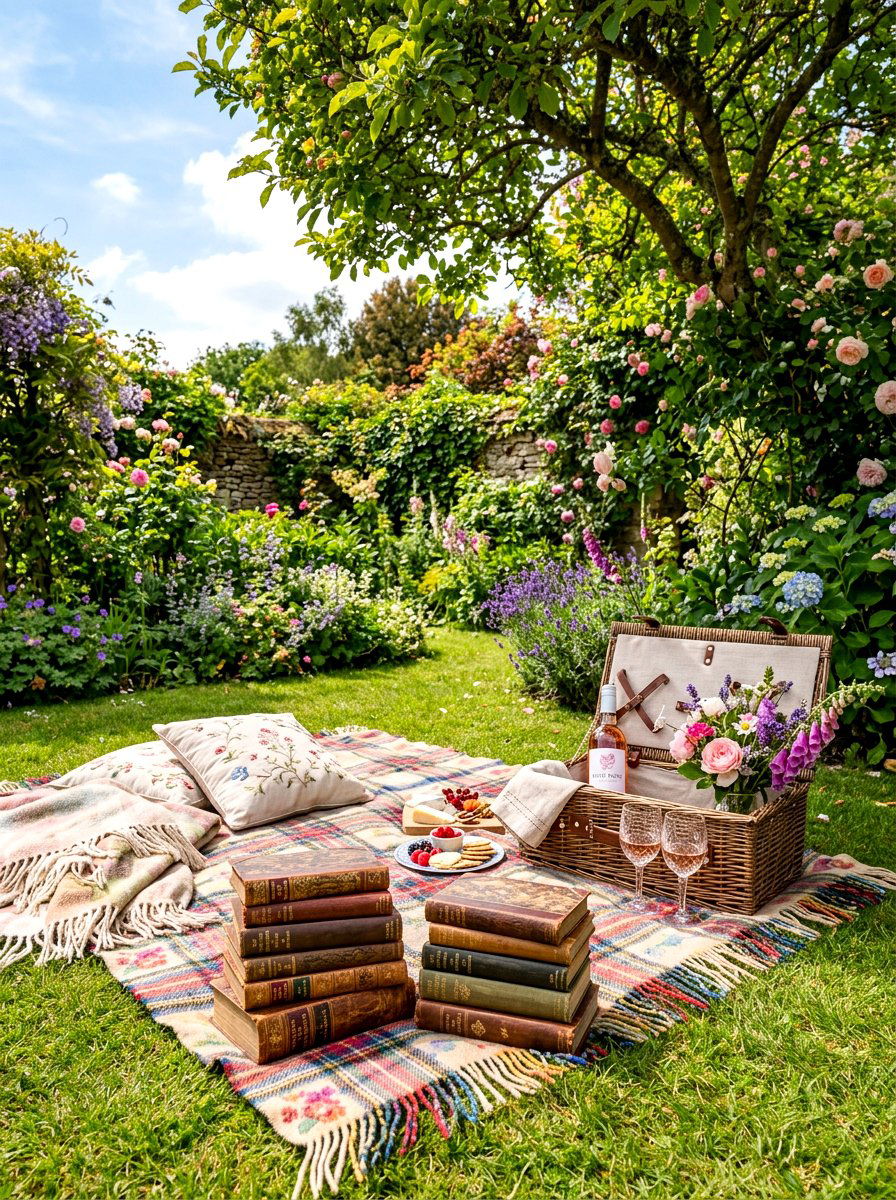 Romantic Picnic With Book Stacks - 30 picnic blanket corner ideas