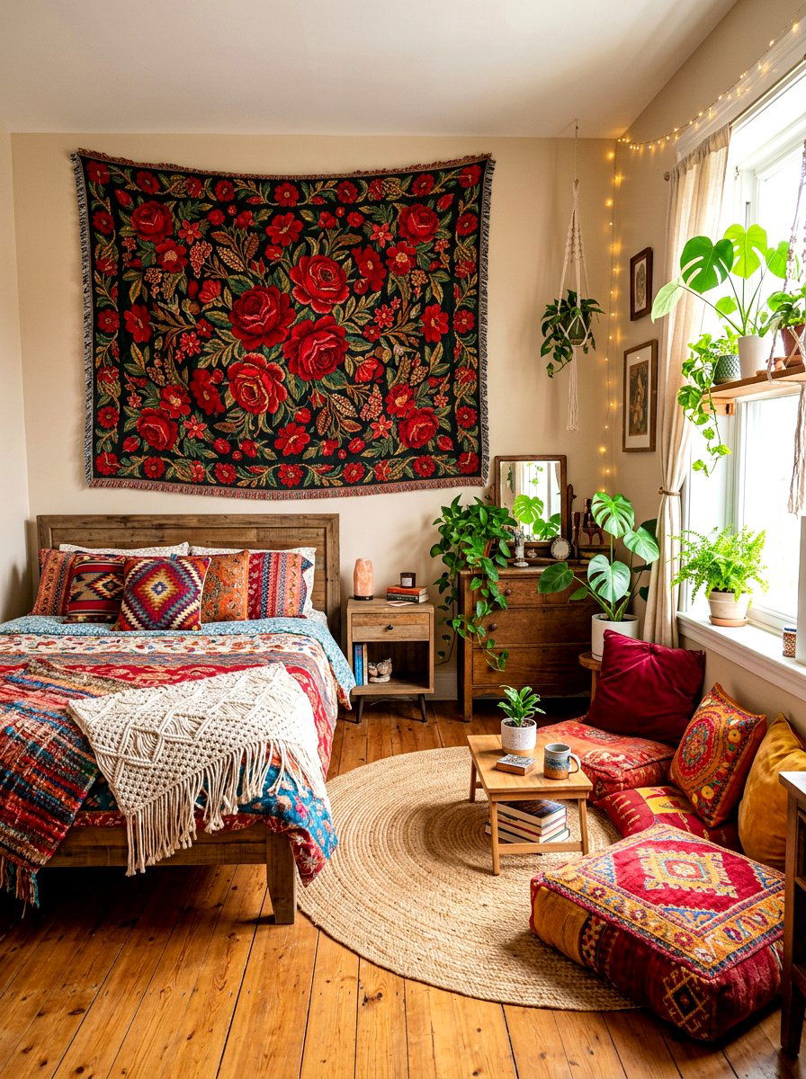 Romantic Red Rose Tapestry - 30 rose print bedroom ideas