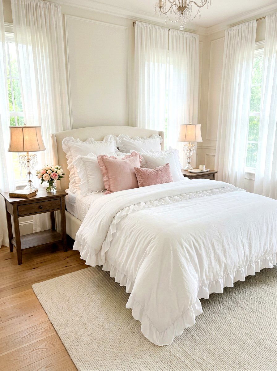 Romantic Ruffled White Bed - 30 cozy bedscape ideas