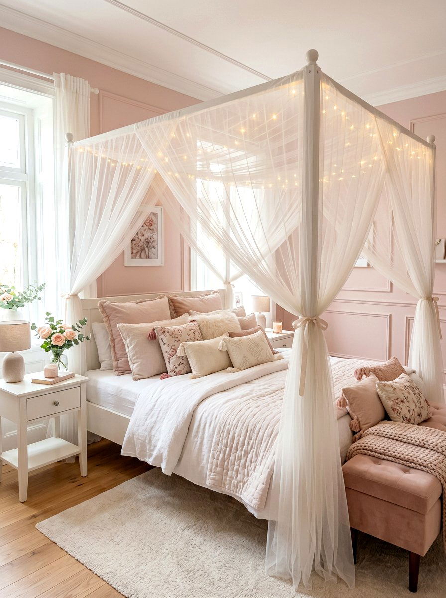 Romantic Sheer Fabric Canopy Bed - 30 four poster bed ideas