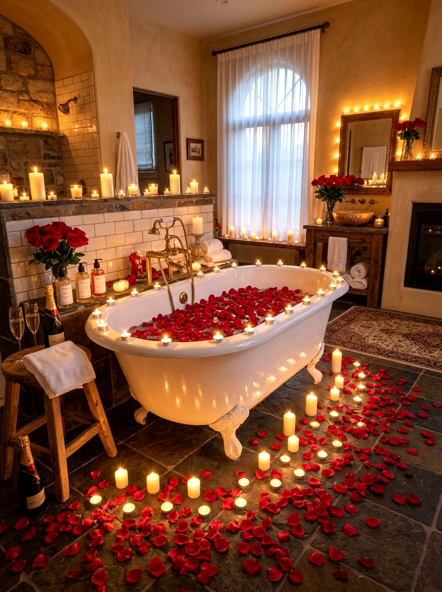 Romantic bathroom with rose petals and candles - 30 candlelit bathroom ideas