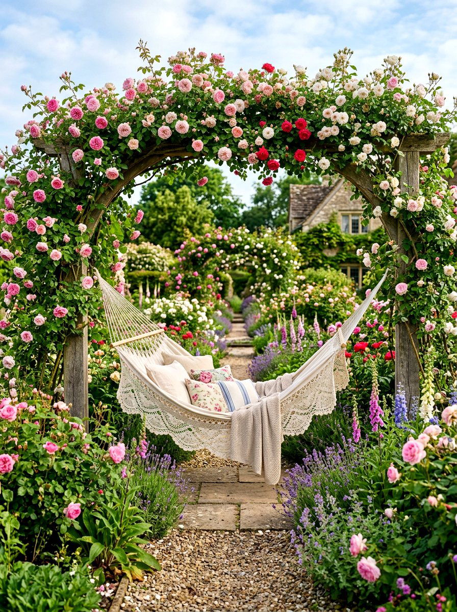 Romantic rose garden hammock - 30 hammock garden corner ideas