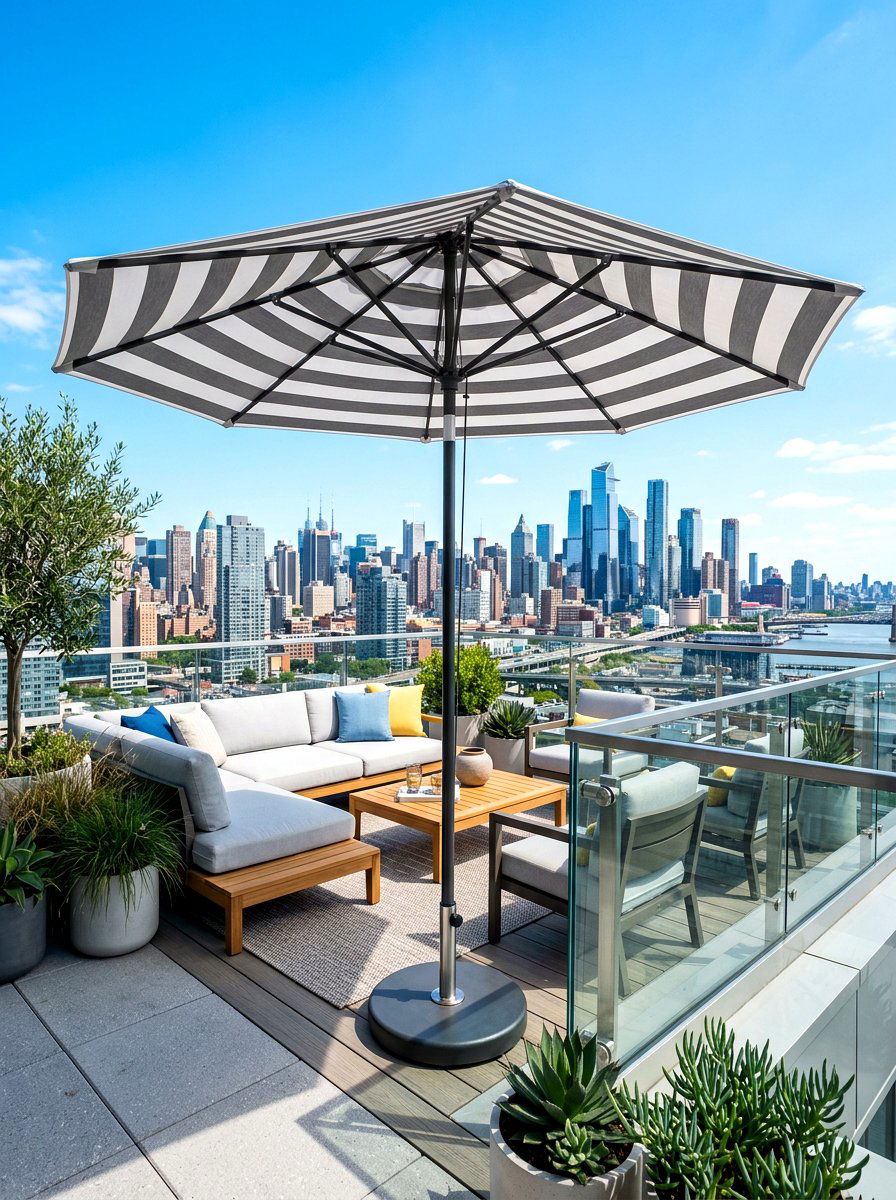 Roof Terrace Striped Umbrella - 30 striped umbrella patio ideas