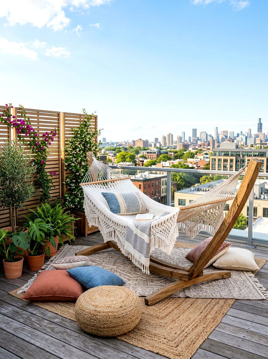 Rooftop Hammock Space - 30 rooftop patio lounge ideas aesthetic
