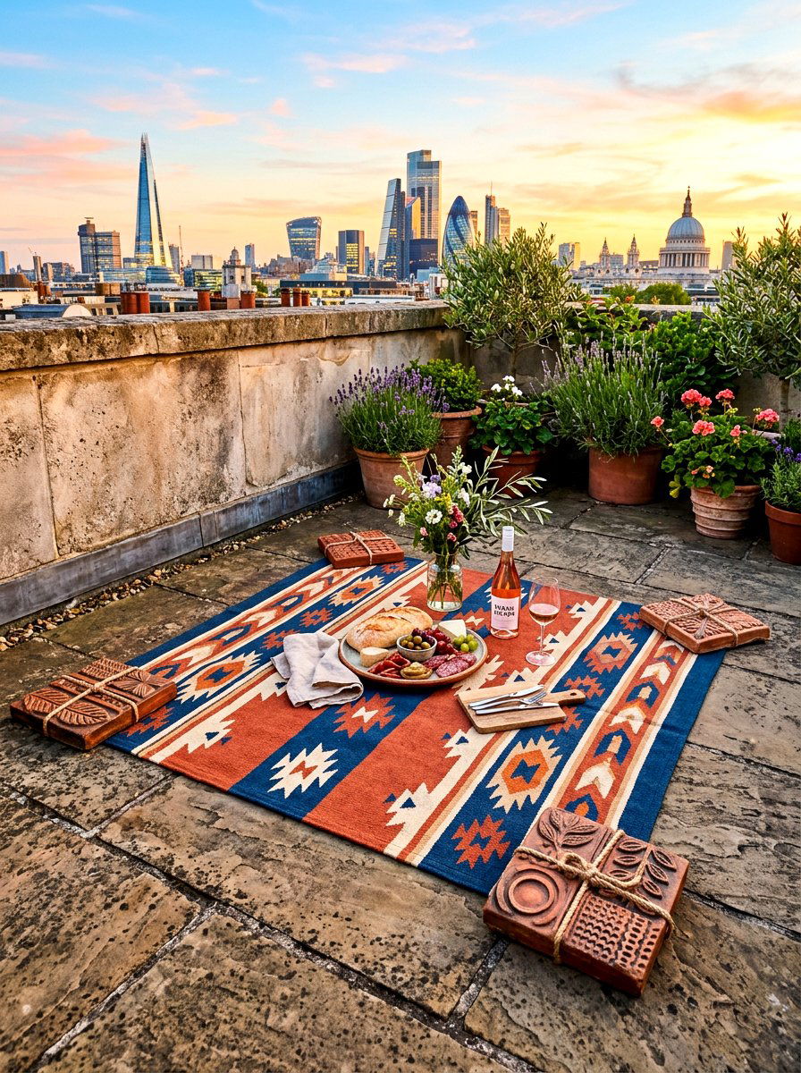 Rooftop Picnic With Tile Weights - 30 picnic blanket corner ideas