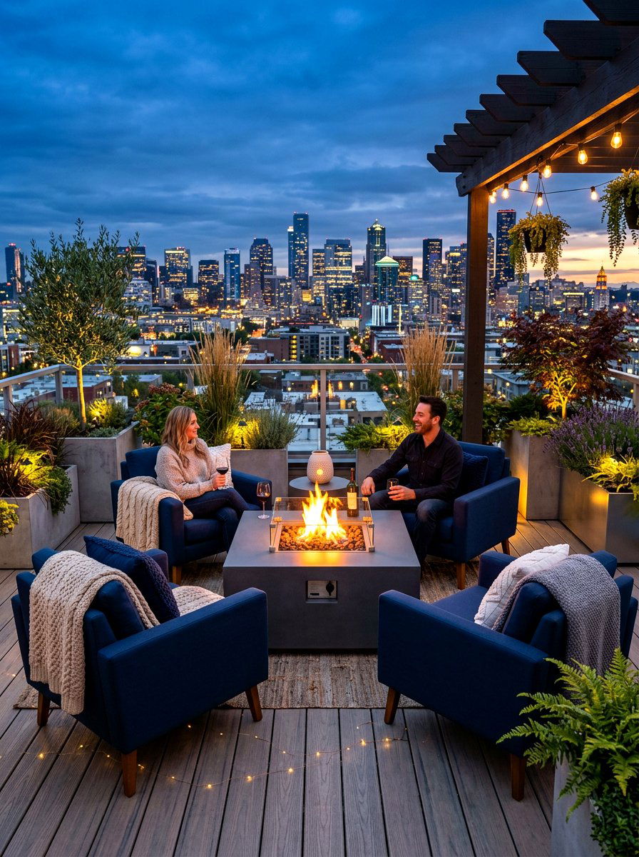 Rooftop deck fire pit - 30 rooftop deck lounge ideas
