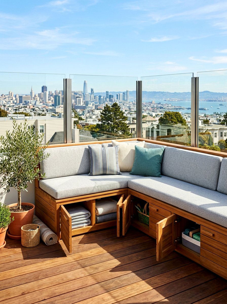 Rooftop deck storage bench - 30 rooftop deck lounge ideas