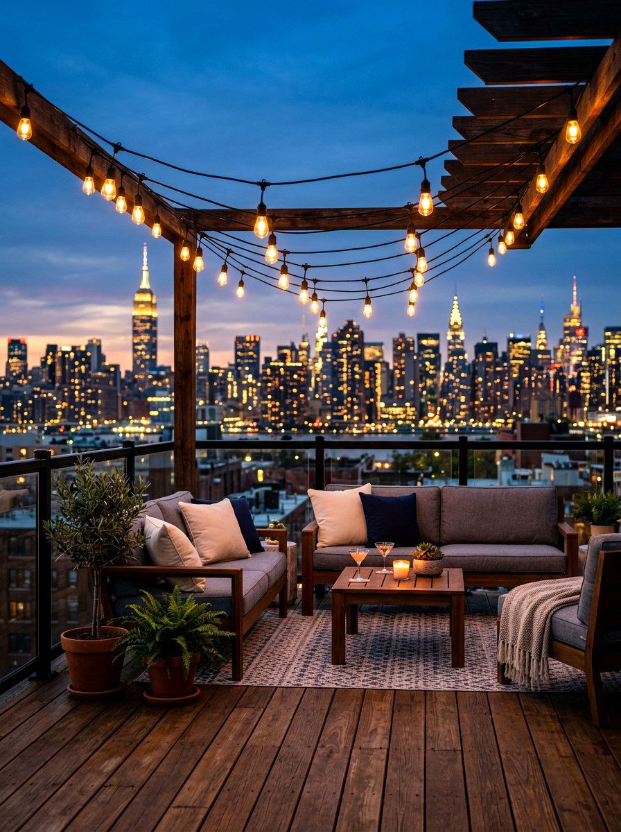 Rooftop deck string lights - 30 rooftop deck lounge ideas