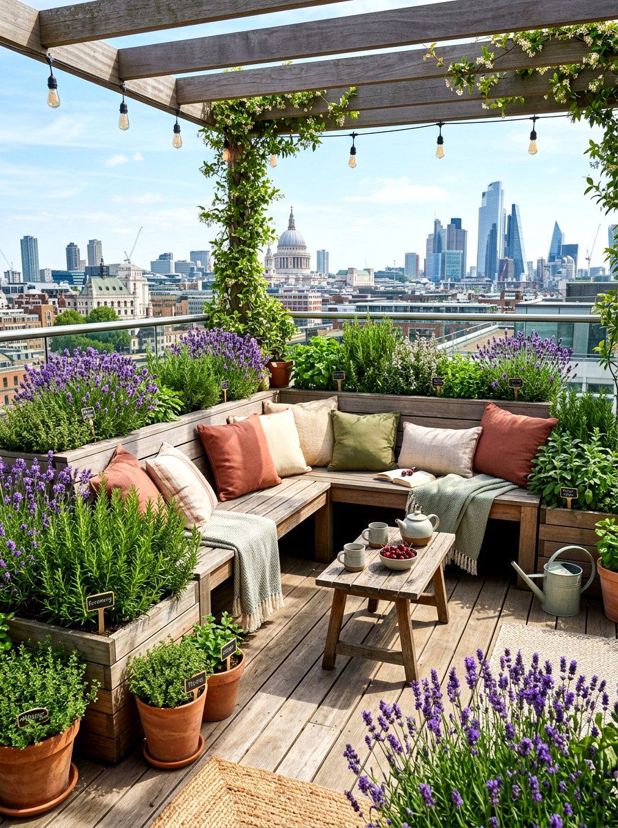 Rooftop herb garden seating - 30 rooftop herb garden ideas
