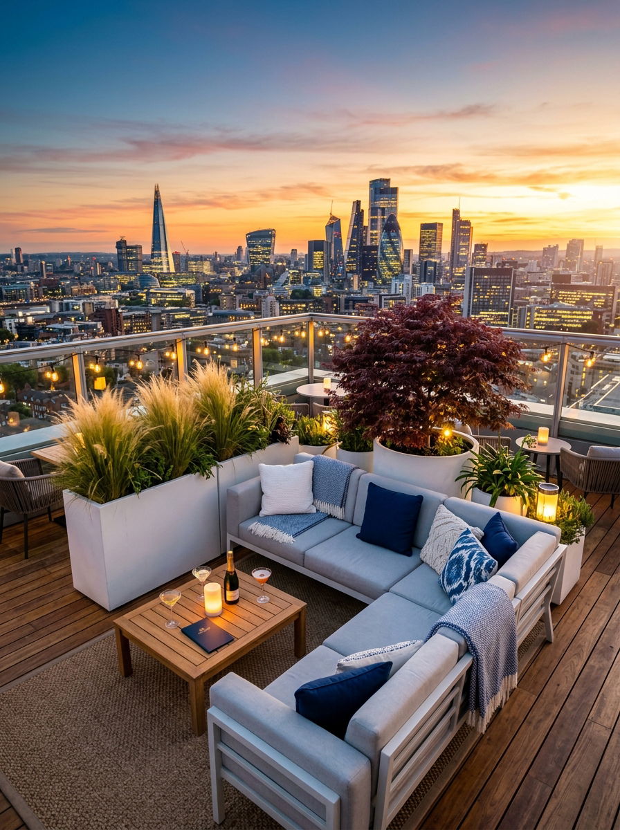 Rooftop seating area with plants - 30 urban garden ideas