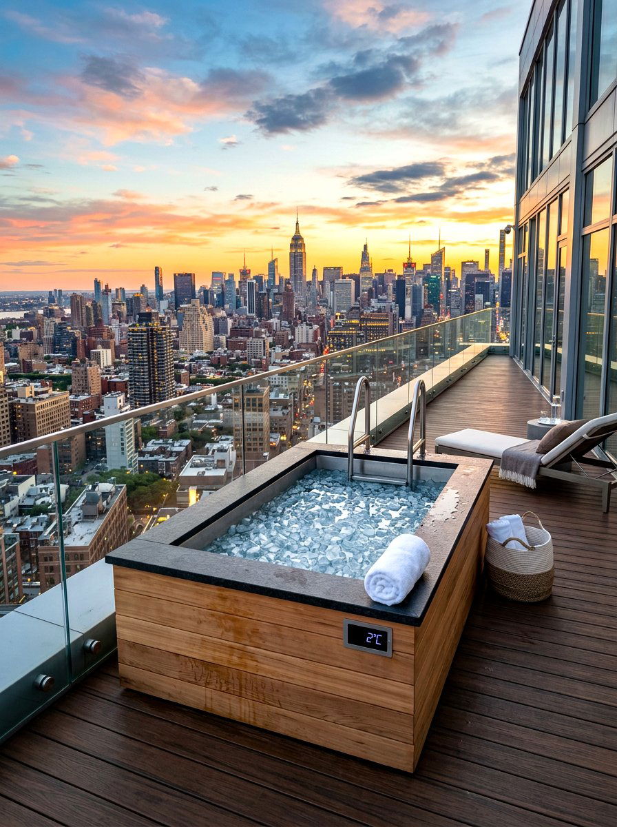 Rooftop terrace ice bath - 30 cold plunge bath ideas