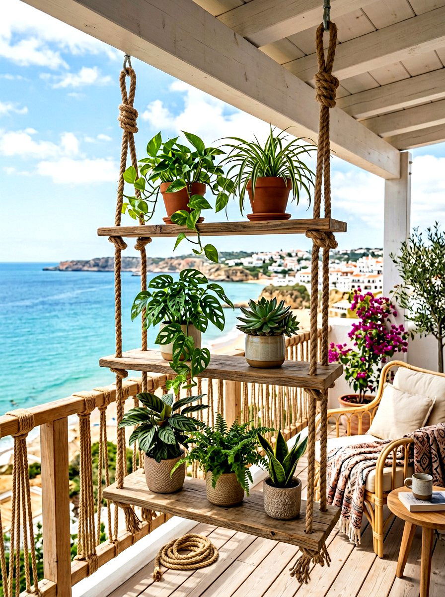 Rope And Wood Hanging Shelf - 30 vertical garden privacy wall ideas