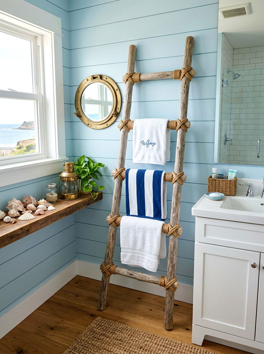 Rope Detail Towel Ladder - 30 towel ladder ideas