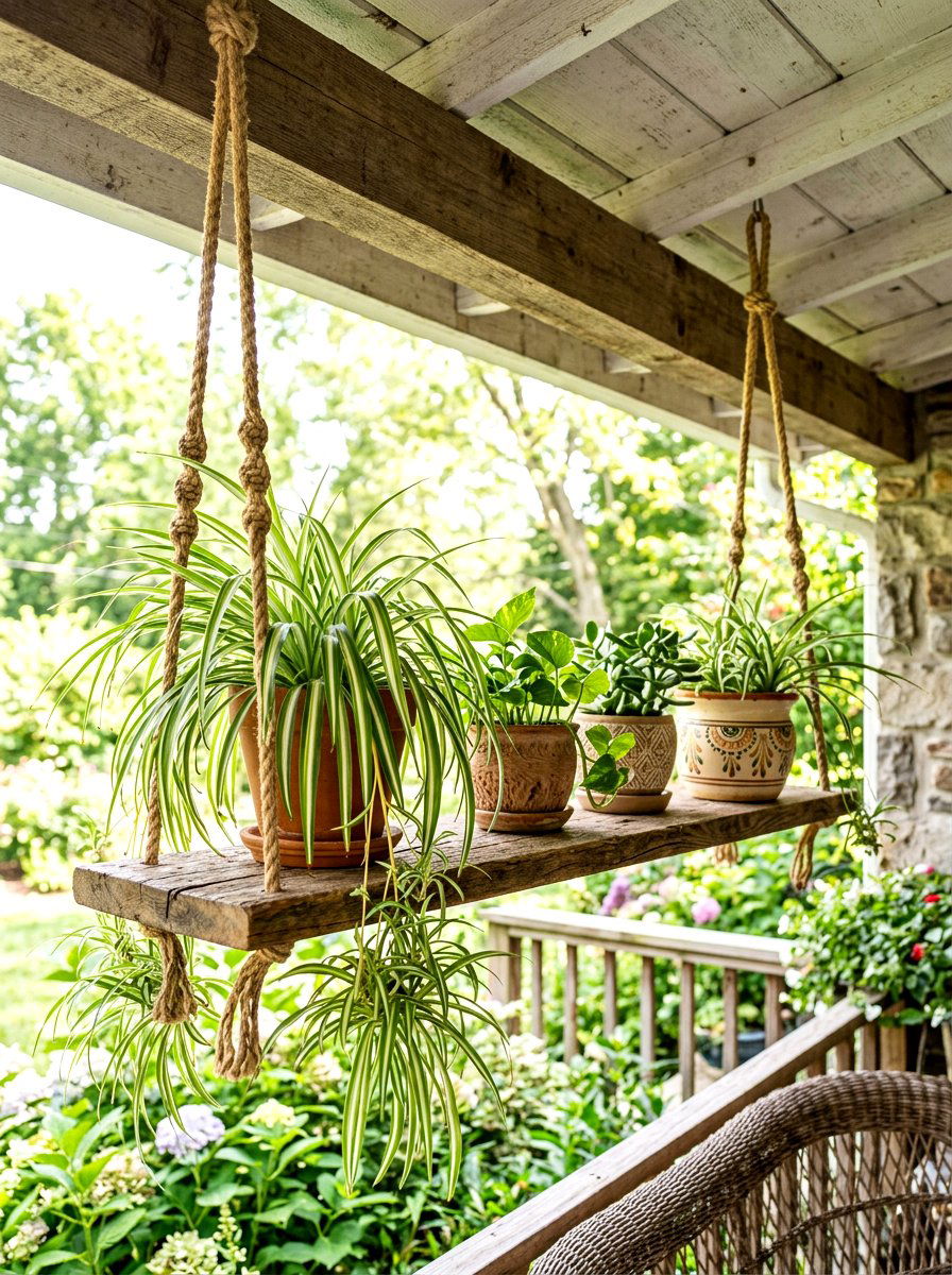 Rope Hanging Wooden Shelf - 30 rustic vertical garden ideas