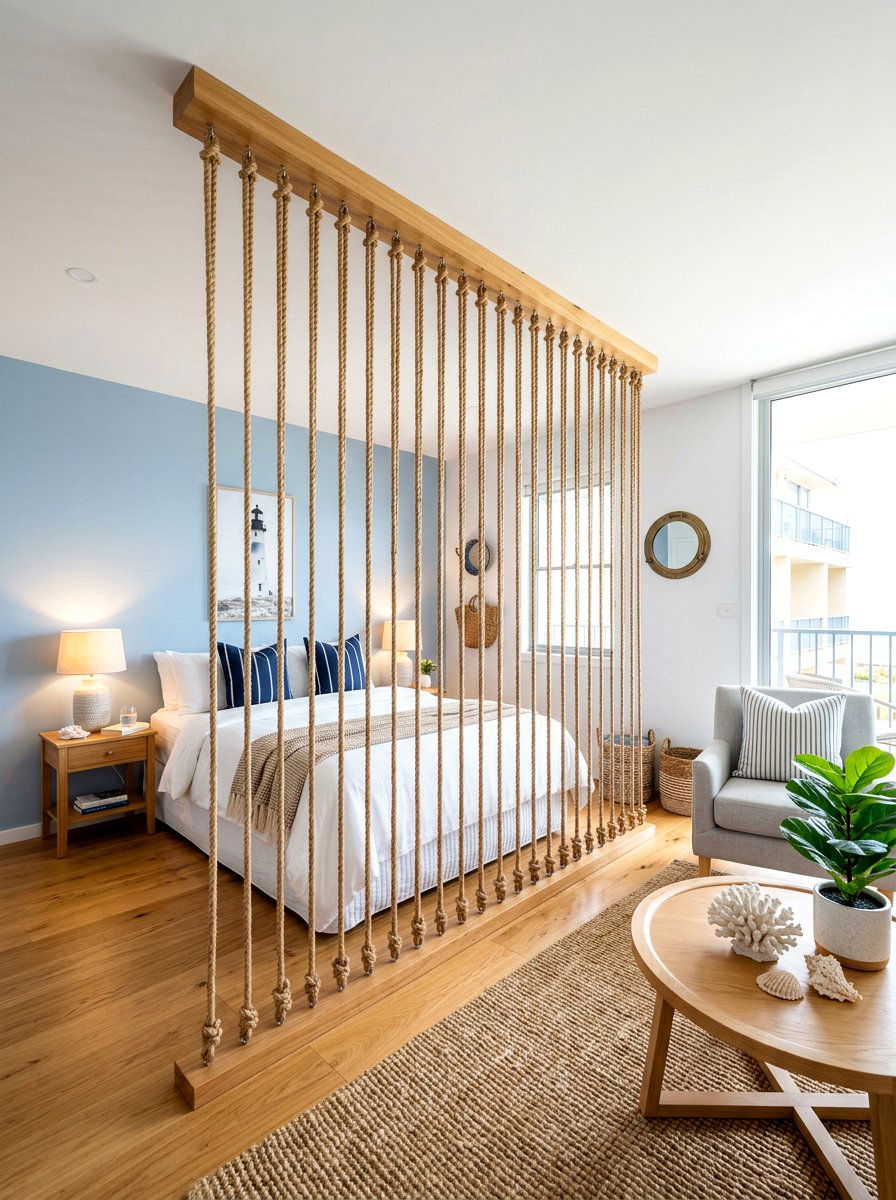Rope Wall Divider - 30 studio apartment divider ideas