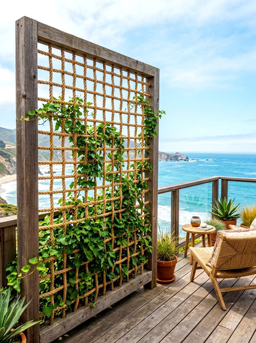 Rope and wood trellis screen - 30 privacy planter screen ideas