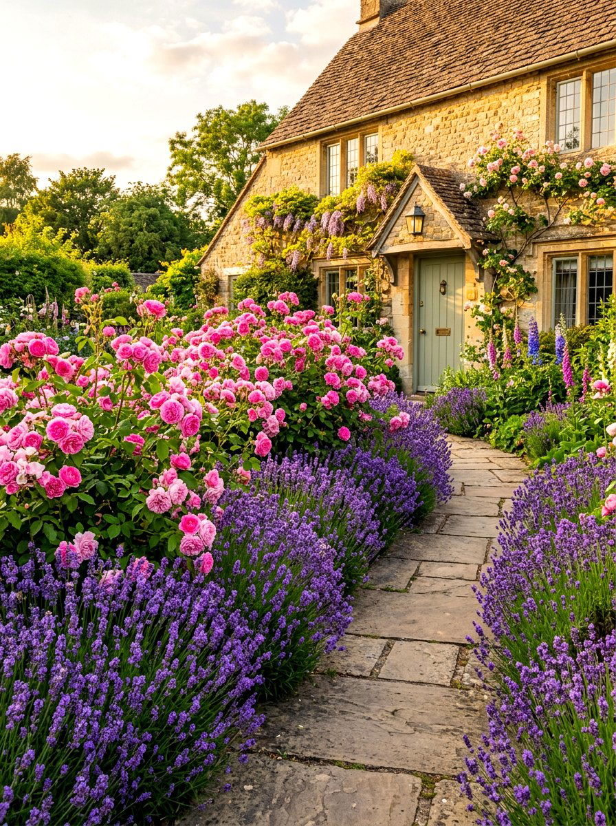 Rose And Lavender Frontage - 30 layered hedge front yard ideas