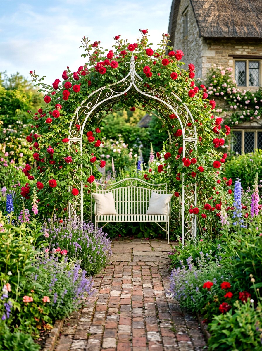 Rose Arch Bench - 30 garden reading bench ideas