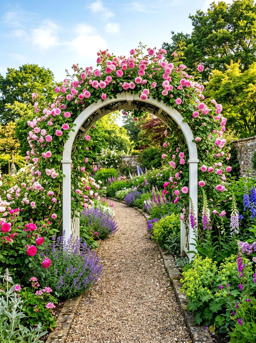 Rose Arch Garden Border - 30 cottage border backyard ideas
