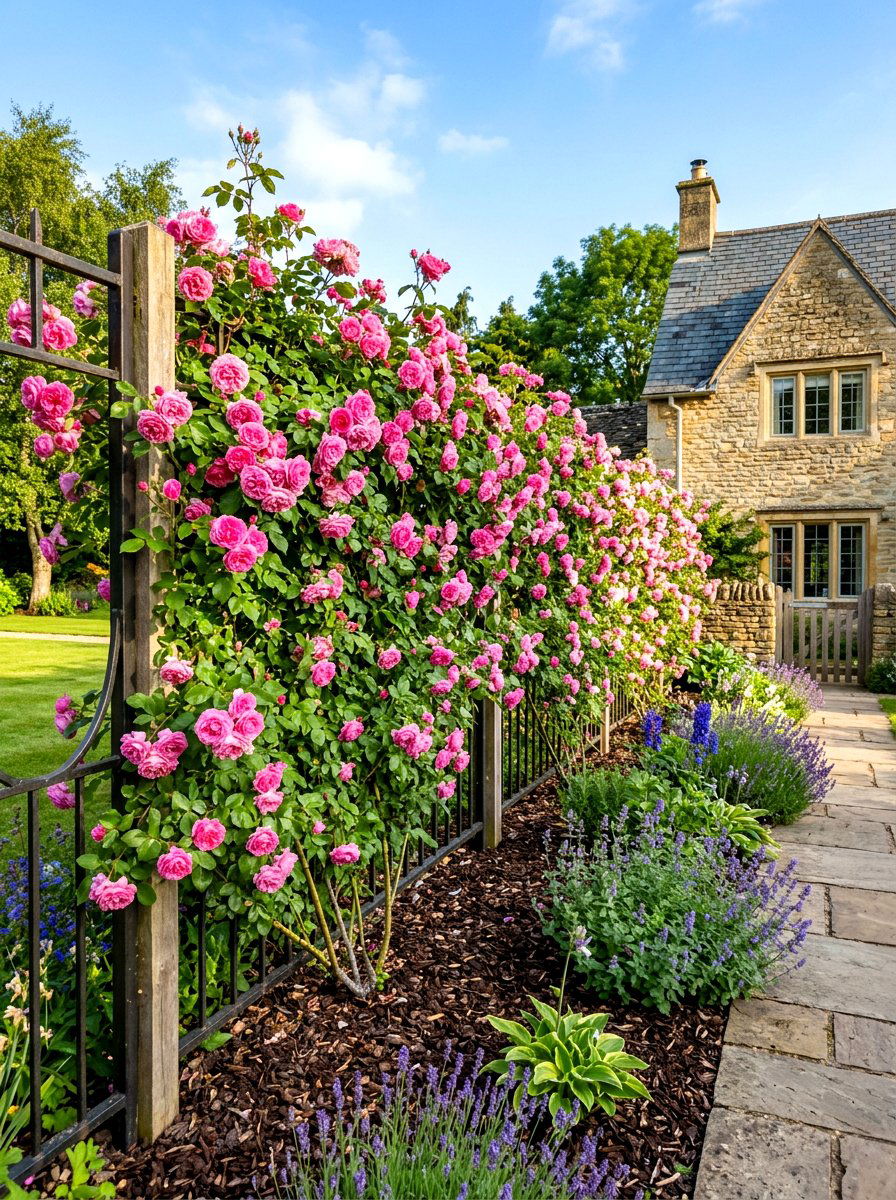 Rose Bush Fence Line - 30 house side garden border ideas